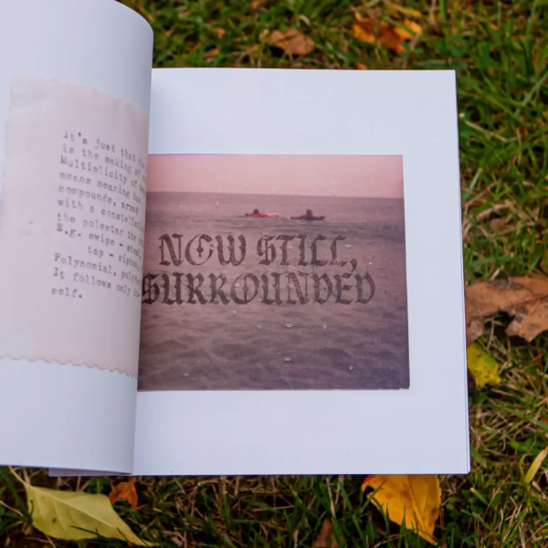 Interior page of it-self. in front of leaves and grass